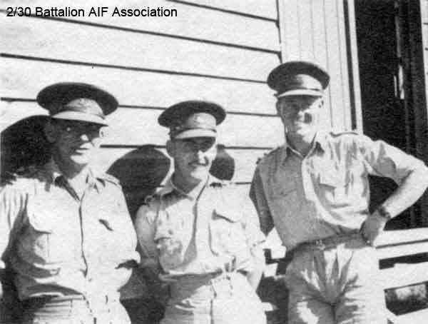 Bathurst
Left to right:

1) NX12535 - HOWELLS, Edwin Robert (Robert), Capt. - HQ Company, O/C Mortar Platoon
2) NX70439 - HEAD, Harry, Lt. - B Company, O/C 12 Platoon
3) NX70563 - LEWIS, Maurice Thomas (Morry), Capt. - left 2/30 Bn. at Bathurst, later served in New Guinea and Borneo

