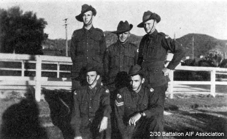 Carrier Platoon
Carrier Platoon at Bathurst.

Left to right:

Back row:
1) NX20450 - MASON, Peter, Cpl. - HQ Company, Carrier Platoon  
2) NX25780 - GODLEY, David, Pte. - HQ Company, Carrier Platoon
3) NX22631 - PASS, Leonard Arthur, Pte. - HQ Company, Carrier Platoon, transferred to RAAF
Front row:
1) NX20446 - WALLACE, Scott James (Scotty), Pte. - HQ Company, Carrier Platoon
2) NX54034 - CHRISTOFF, George Joseph, Sgt. - HQ Company, Carrier Platoon
