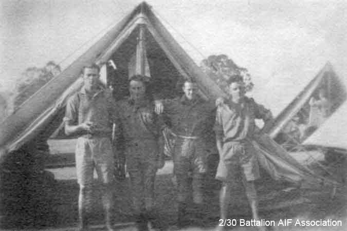 In camp at Tamworth
Left to right:

1) NX59100 - GILBERT, Allen John, L/Cpl. - B Company, 12 Platoon
2) NX26332 - SYLVESTER, Walter Hackshall (Tiger), Pte. - B Company, 12 Platoon
3) NX26330 (NX5078) - CHARLTON, Ronald Alan (Zipper or Ron), Pte. - B Company, 12 Platoon
4) NX26933 - PICKARD, D'Arcy Stanley, Pte. - B Company, 12 Platoon
