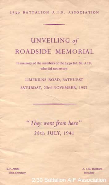Unveiling of Memorial - Page 1
Program for the unveiling of the roadside memorial outside the former Bathurst Army Camp on Limekilns Road at Kelso, NSW.

The memorial was dedicated on Saturday, 23rd November, 1957.
Keywords: bathurstcamp