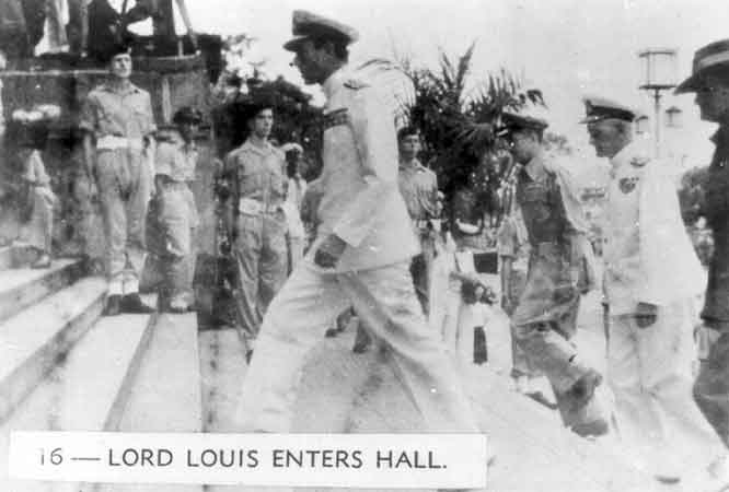 016 - Lord Louis enters hall
Lord Louis Mountbatten and Chiefs of Staff entering the Singapore Municipal Buildings for the Japanese surrender ceremony. 
