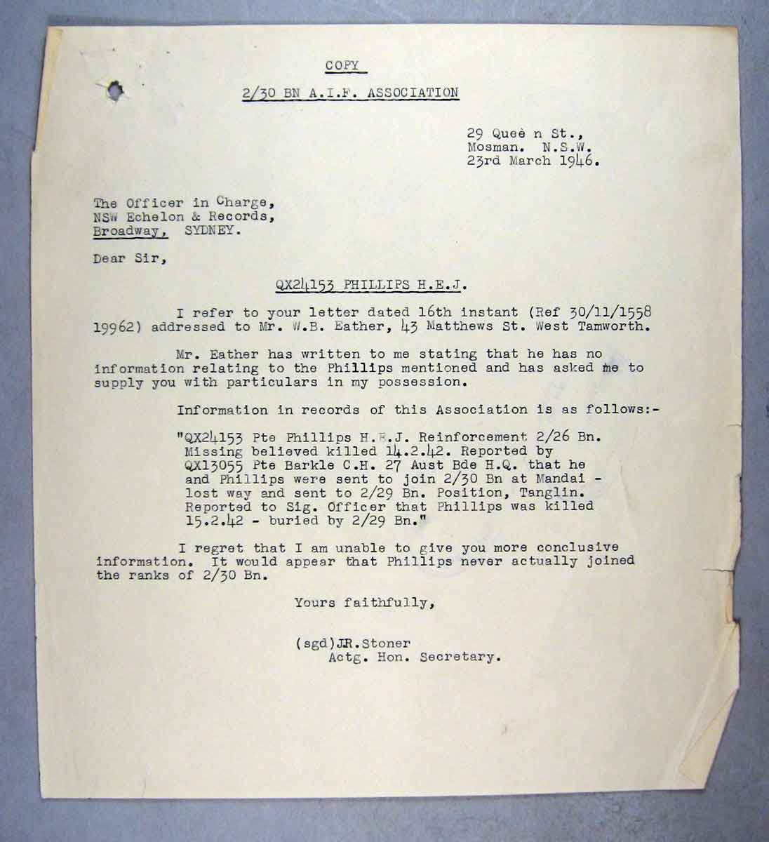 Letter 03 - 23/3/1946
QX24153 - PHILLIPS, Harry Edward John, Pte.
Keywords: 070619_QX24153
