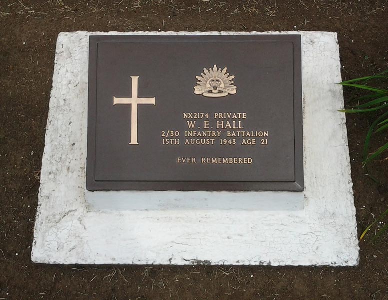 NX2174 - HALL, Walter Edward (Legs), Pte. - B Company, 10 Platoon
Killed accidently (fractured skull) while POW in Kobe Japan. Died of injuries on 15/8/1943. Cremated and ashes interred in Juganji Temple, Osaka. Urn transferred to USAF Mausoleum, Yokohama. Laid to rest in Yokohama Cemetery on 4/12/1945.

Yokohama Cemetery, Australian Section, Grave B.B.9

NX2174 PRIVATE
W.E. HALL
2/30 INFANTRY BATTALION
15TH AUGUST 1945 AGE 21

EVER REMEMBERED
Keywords: 20130901a
