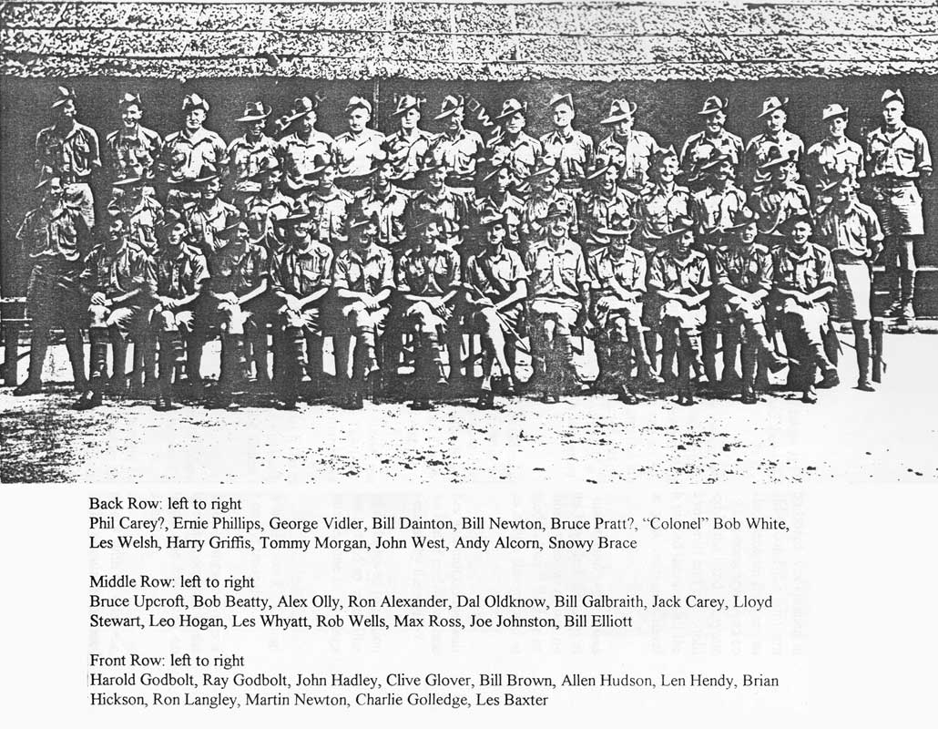 D Company, 18 Platoon
"D" Company, 2/30 Battalion AIF at Batu Pahat, Malaya, November, 1941.

Back row: left to right
1) ?? NX10272 - CAREY, Phillip Francis (Phil), Pte. - HQ Company, Mortar Platoon
2) NX37732 - PHILLIPS, Ernest William (Ernie), Pte. - D Company, 18 Platoon
3) NX47809 - VIDLER, George Thomas, Pte. - D Company, 18 Platoon
4) NX25857 - DAINTON, William Henry (Bill), Pte. - BHQ, Cook, D Company 
5) NX47342 - NEWTON, William Henry Andrew (Bill), Pte. - D Company, 18 Platoon
6) ?? NX59775 - PRATT, Bruce Manning, Pte. - D Company, 18 Platoon (possibly)
7) ?? NX41360 - WHITE (Rhodes-White), Robert Rhodes (Robert), Cpl. - D Company, 18 Platoon
8) ?? NX47304 - WELCH, Leslie Myrven (Les), Pte. - HQ Company, Signals Platoon
9) ??
10) NX47322 - GRIFFIS, Henry Alfred (Poly), Pte. - D Company, 18 Platoon
11) ??
12) NX47505 - MORGAN, Gordon Russell (Tommy), Pte. - D Company, 18 Platoon
13) NX47833 - WEST, Jack Sydney (Jackie), Pte. - D Company, 18 Platoon
14) NX47765 - ALCORN, Andrew Carson (Andy), Pte. - D Company, 18 Platoon
15) NX47750 - BRACE, Albert Ernest (Snowy), Pte. - D Company, 18 Platoon


Middle row: left to right
14) NX2536 - UPCROFT, Ernest Bruce (Bruce), Pte. - D Company, 18 Platoon
15) NX47652 - BEATTIE, Robert George (Bob), Pte. - D Company, 18 Platoon
16) NX47845 - OLLEY, Alexander George (Dadda or Alex), Pte. - D Company, 18 Platoon
17) NX47700 - ALEXANDER, Ronald Norrie Lyle (Ron), Pte. - D Company, 18 Platoon
18) NX47185 - OLDKNOW, Norman Dallas (Dal), Pte. - D Company, 18 Platoon
19) NX51831 - GALBRAITH, William Martin (Bill), Pte. - D Company, 18 Platoon
20) NX51660 - CAREY, John Peter (Jack), Pte. - D Company, 18 Platoon
21) NX60594 - STUART, Lloyd Thomas, Pte. - D Company, 18 Platoon
22) NX47597 - HOGAN, Martin Leo (Leo), Pte. - D Company, 18 Platoon
23) QX21939 - WHYATT, Lesly, Pte. - D Company, 18 Platoon
24) NX47685 - WELLS, Robert Frederick (Hook or Bob), Pte. - D Company, 18 Platoon
25) NX47570 - ROSS, William Maxwell (Max), Pte. - D Company, 18 Platoon
26) NX47759 - JOHNSTON, George Evan (Joe), Pte. - D Company, 18 Platoon
27) NX47271 - ELLIOTT, Lawrence (Bill), Pte. - D Company, 16 Platoon

Front row: left to right
28) NX47320 - GODBOLT, Harold, Pte. - D Company, 18 Platoon
29) NX47319 - GODBOLT, Raymond Cecil (Ray), Pte. - D Company, 18 Platoon
30) NX2721 - HADLEY, John Martin, Pte. - D Company, 18 Platoon
31) NX58219 - GLOVER, Leslie Clive, L/Cpl. - D Company, 18 Platoon
32) NX36202 - BROWN, William Henry (Bill), Sgt. - D Company, 18 Platoon
33) NX27762 - HUDSON, Allan Edwin Stirling, Lt. - C Company 
34) NX70443 - HENDY, Leonard Frank Graham (Len), Lt. - D Company, O/C 18 Platoon
35) NX41262 - HICKSON, Brian Murray Prior, Cpl. - D Company, 18 Platoon
36) NX35581 - LANGLEY, Roland (Ron), Cpl. - D Company, 18 Platoon
37) NX47774 - NEWTON, Earl Spencer, Cpl. - D Company, 18 Platoon
38) NX41230 - GOLLEDGE, Robert Charles (Red or Charlie), Cpl. - D Company, 18 Platoon
39) NX58315 - BAXTER, Leslie James (Les), Pte. - D Company, 18 Platoon
Keywords: 20131118b