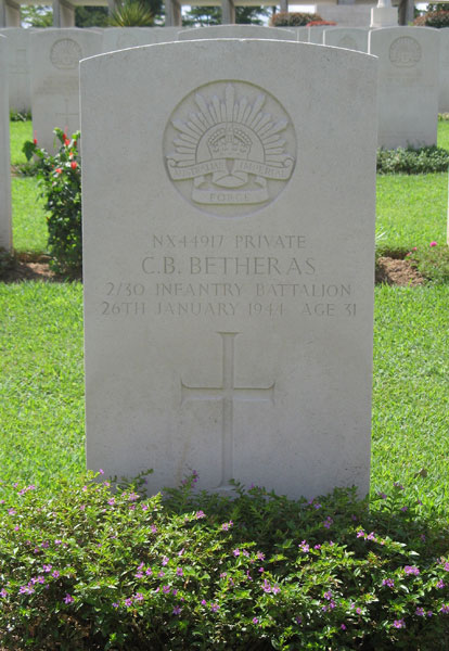 NX44917 - BETHERAS, Colin Bruce, Pte.
Kranji War Cemetery, Singapore, Grave 1.C.18

NX44917 PRIVATE
C.B. BETHERAS
2/30 INFANTRY BATTALION
26TH JANUARY 1944 AGE 31

Keywords: 20120901a