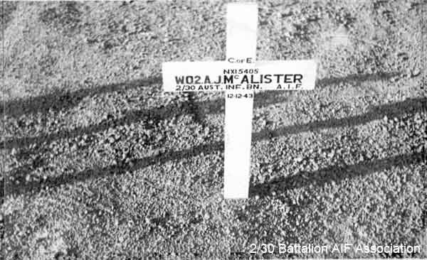 NX15405 - McALISTER, Albert James (Abby), A/U/WO2 - HQ Coy. A/CSM.
The original headstone for Abby McALISTER, who died of illness at Kanburi, on 12/12/1943 (Pulmonary Embolism following Amputation of leg). He was buried at Kanburi (Kanchanaburi) No. 3 in Grave 440, and reburied in Kanchanaburi Cemetery on 15/1/1946 in Grave 1.C.20.
