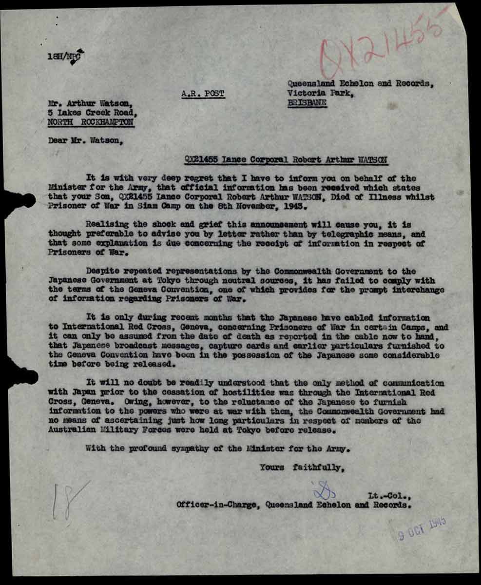 Letter 9/10/1945
Letter to Mr. Watson regarding the death of his son, QX21455 - WATSON, Robert Arthur (Bob), Pte. - B Company, 12 Platoon. 
Keywords: 081222a