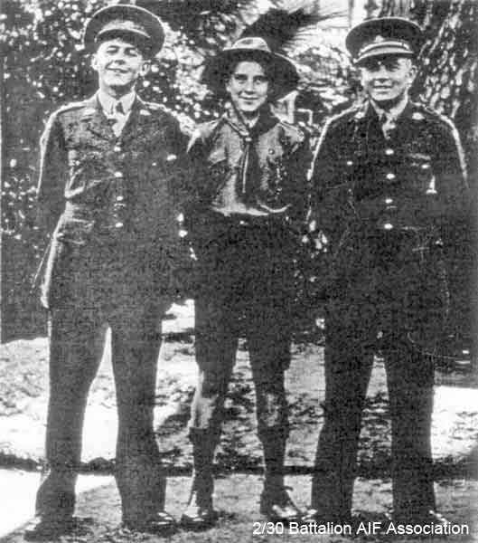 Bib and Bub
John Kreckler and Bert Farr in 1941.

Left to right:

1) NX70447 - KRECKLER, John Francis (Bib), Lt. - HQ Company, 2 I/c Mortar Platoon 
2) Unknown
3) NX70448 - FARR, Albert Irwin (Bub), Lt. - HQ Company, O/C Sig. Platoon 
