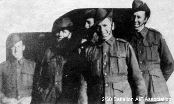 B Company, 12 Platoon
At Tamworth.

Left to right:
1) NX33051 - DEATH, William Frederick (Bill), A/Cpl. - B Company, 12 Platoon
2) NX26705 - WILSON, Harold Creswick (Cressy or Harry), Pte. - B Company, 12 Platoon
3) NX27444 - GOTTAAS, Eric Lesmond, Pte. - B Company, 12 Platoon
4) NX26599 - WATERSON, Stanley (Stan), Pte. - B Company, 12 Platoon
