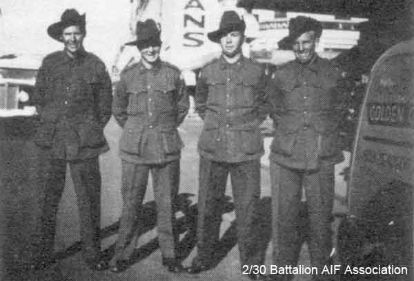In Perth, 1941
Left to right:
1) NX36568 - PARFREY, David Leslie (Les), Pte. - D Company, 17 Platoon
2) NX36471 - KING, Norman Leo (Norm), L/Cpl. - D Company, 17 Platoon
3) NX41219 - LOGAN, Haig Lincoln (Jock), Pte. - HQ Company, Transport Platoon
4) NX36796 - PYLE, Maxwell Rutherford (Max), Cpl. - D Company, 17 Platoon
