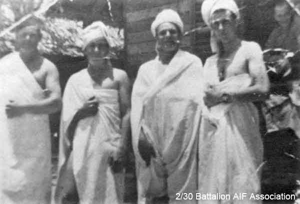 Dressing up
At Birdwood Camp in 1941.

Left to right:
1) NX46176 - ABBOTTS, Frederick (Fred), A/U/Sgt. - D Company, 16 Platoon
2) NX47521 - SORENSON, William George (Sorro or Bill), Pte. - D Company, 16 Platoon
3) NX47606 - BROAD, Mervyn Keith (Mick), Pte. - D Company, 16 Platoon 
4) ? - SIMMONDS, Reg
5) NX58216 - HARVEY, Charles, Pte. - D Company, 16 Platoon (in window)
