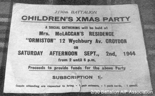 Invitation
Invitation to the Childrens' Xmas Party at Mrs. Gwendolyn McLagann's residence on 2nd september, 1944.

Wife of:
1) NX50016 - MCLAGGAN, Douglas Ormiston, Pte.
