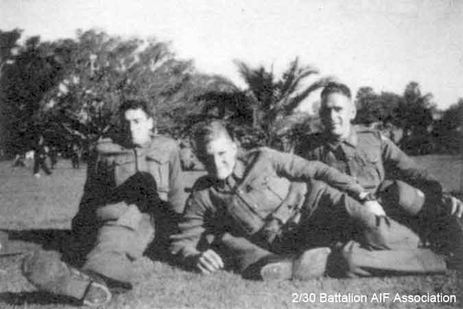 On the way to Singapore
On leave in Perth in August, 1941.

Left to right:
1) NX25460 - ROPE, Carl Milton, Pte. - B Company, 11 Platoon
2) NX25651 - EGAN, Jack Edgar George, L/Cpl. - B Company, 11 Platoon
3) NX31491 - HEUSTON, Stanley Charles (Stan), L/Cpl. - B Company, HQ
