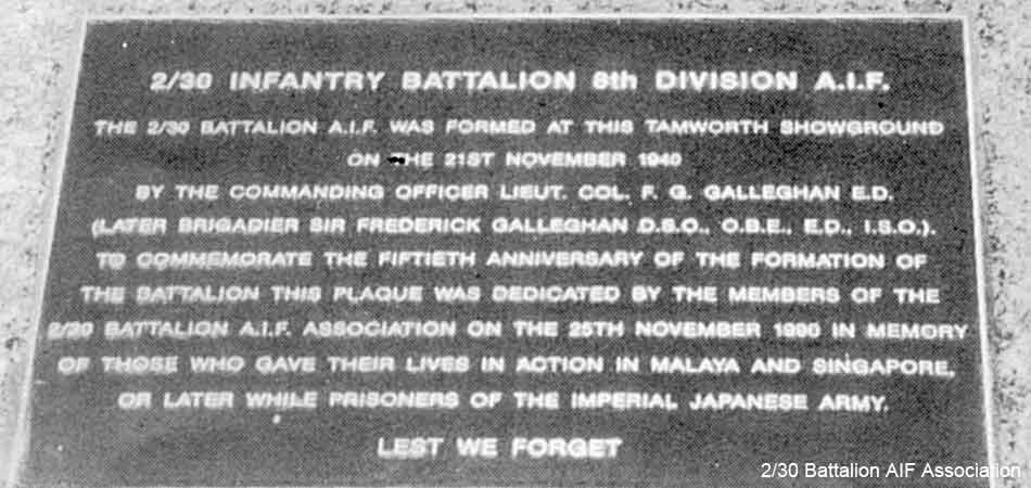 Memorial Plaque
Memorial to 2/30 Battalion at Tamworth.
Keywords: TamworthMemorial