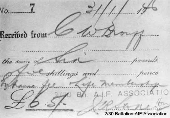 Association Receipt
Charlie Brouff held receipt No.7 of the Association, dated 31/1/1946. Who holds No.1 and the intervening ones?

1) NX36324 - BROUFF, Charles William (Charlie), Pte. - BHQ, Band

