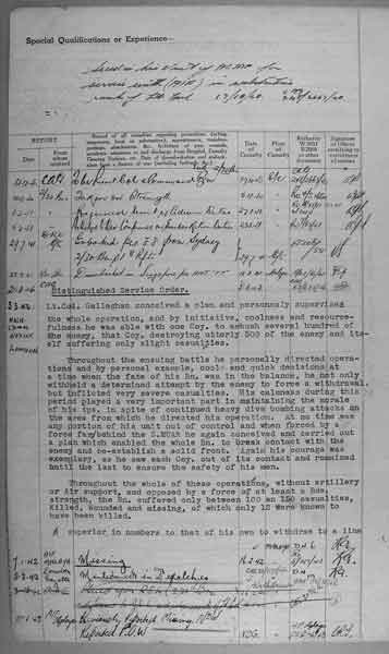 Citation for DSO
NX70416 - GALLEGHAN (Sir), Frederick Gallagher (Black Jack), Brig. - BHQ, CO. 2/30 Bn.

The citation reads:

"Lt.-Col. Galleghan conceived a plan and personally supervised the whole operation, and by initiative, coolness and resourcefulness he was able with one Company to ambush several hundred of the enemy, that Company destroying utterly 500 of the enemy and itself suffering only slight casualties.

Throughout the ensuing battle he personally directed operations and by personal example, cool and quick decisions at a time when the fate of his Bn. was in the balance, he not only withheld a determined attempt by the enemy to force a withdrawal but inflicted very severe casualties. His calmness during this period played a very important part in maintaining the morale of his troops, in spite of continued heavy dive bombing attacks on the area from which he directed his operation. At no time was any portion of his unit out of control and when forced by a force far superior in numbers to that of his own to withdraw to a line behind the Sungei Muar, he again conceived and carried out a plan which enabled the whole Battalion to break contact with the enemy and re-establish a solid front. Again his courage was exemplary, as he saw each Company out of its contact and remained until the last to ensure safety of his men.

Throughout the whole of these operations, without artillery or air support, and opposed by a force of at least a Brigade strength, the Battalion suffered only between 100 and 150 casualties, killed, wounded and missing, of which only 12 were known to have been killed."
Keywords: NX70416CitationDSO