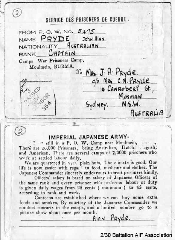 Letter Card No. 2
One of a series of letter cards sent by Capt. Alan PRYDE to his family, whilst he was a POW with "A" Force on the Burma-Thailand railway.

NX12548 - PRYDE, John Alan (Gula), Capt. - BHQ, QM.
