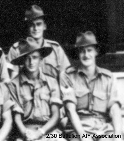 Officers and NCO's, A Company - Part 4
"A " Company Officers and NCO's at Batu Pahat Camp, November 1941.

Left to right:

2nd row:
10) NX56718 - BURBURY, Charles Maxwell (Max), L/Sgt. - A Coy. Ord. Room.

Front row:
10) NX67414 - ROWE, Rex William, A/U/WO2 - A Coy. CSM. MiD
11) NX26103 - GADEN, John Burton, S/Sgt. - A Coy. CQMS.

