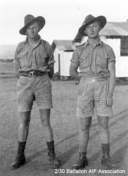 Bathurst Army Camp
Left to right:

1) NX27550 - WILSON, David Royce (Doc), A/Cpl. - A Company, 9 Platoon
2) NX30642 - TAIT, Francis Earl (Earl or Snowy), Cpl. - A Company, 9 Platoon

