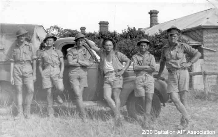 Bathurst
On the Pine hill stunt in April, 1941 at Bathurst.

Left to right:

1) NX31041 - BUTLER, Bernard Charles (Barney), Pte. - A Company,  9 Platoon, transferred to 8 Training Bn. on 22/5/1941
2) NX30642 - TAIT, Francis Earl (Earl or Snowy), Cpl. - A Company, 9 Platoon
3) NX27550 - WILSON, David Royce (Doc), A/Cpl. - A Company, 9 Platoon
4) NX47952 - VEIVERS, Charles Thomas (Joe), Pte. - A Company, 9 Platoon
5) NX47564 - DOWLING, Kevin John, Pte. - A Company, 9 Platoon
6) NX47590 - RICHES, Frederick Holmes (Harry), A/U/Cpl. - HQ Company, Transport Platoon
Keywords: Makan267