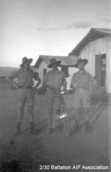 Bathurst Army Camp
Left to right:

1) NX27550 - WILSON, David Royce (Doc), A/Cpl. - A Company, 9 Platoon
2)
3) NX30642 - TAIT, Francis Earl (Earl or Snowy), Cpl. - A Company, 9 Platoon
