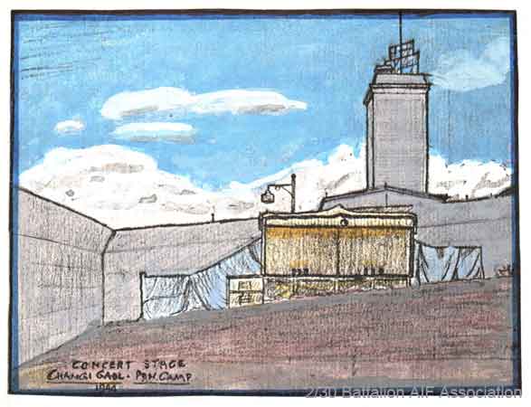 Changi Gaol
Concert stage at Changi Gaol POW Camp. The sketch is signed by Alan Penfold and dated 1944.

NX33407 - PENFOLD, Alan William, L/Cpl. - BHQ, Intell.
