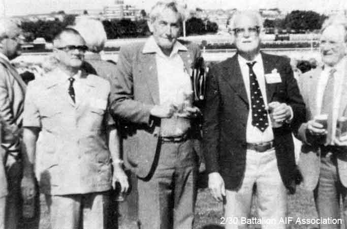 Reunion, 1981
Australian National POW Reunion at Randwick racecourse in 1981.

Left to right:
1) NX68655 - FOSTER, Ronald Charles William (Ron), Pte. - B Company, 11 Platoon (side on)
2) NX26863 - JOHNSTON, Frederick Walter (The Brig or Fred), L/Cpl. - B Company, 11 Platoon
3) NX26331 - HOLLAND, Bruce Hedley (Dutchy), Pte. - B Company, 12 Platoon
4) NX59635 - MACLAY, John Richard  (Jack), A/U/Cpl. - B Company, 12 Platoon
5) NX37497 - McDONALD, Frank (Blue), Pte. - B Company, 12 Platoon
Keywords: Makan267