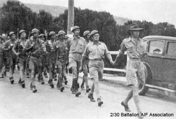 B Company, 10 Platoon
Tamworth training days.

Identified in this photo are:
1) NX12535 - HOWELLS, Edwin Robert (Robert or Bob), Capt. - HQ Company, O/C Mortar Platoon
2) NGX33 - GORDON, Victor Mervyn Ian (Speed or Vic), WO2 - B Company, CSM
3) NX70563 - LEWIS, Maurice Thomas (Morry), Capt. - left 2/30 Bn. at Bathurst, later served in New Guinea and Borneo
Keywords: Makan267