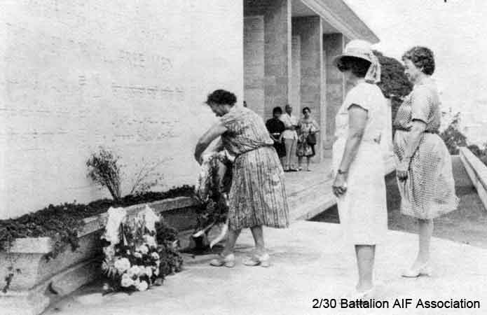 Makan 269
"Kranji War Cemetery: Wreath Laying Ceremony - Jean Johnston placing wreath on behalf of 2/30 Bn. AIF Association Auxilliary, flanked by Grace Ford and Marion Brown."
Keywords: 061222 Makan269