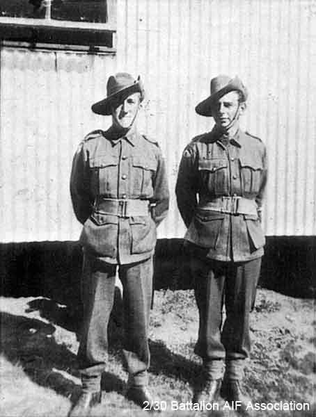 Bathurst
"The way they were - best dressed O.R.s"

At Bathurst in 1941.

1) NX59138 - SULLIVAN, Francis Michael (Sully or Frank), A/Cpl. - B Company, 10 Platoon
2) NX26367 - SMITH, Allan Claude, Pte. - B Company, 10 Platoon
Keywords: 061230