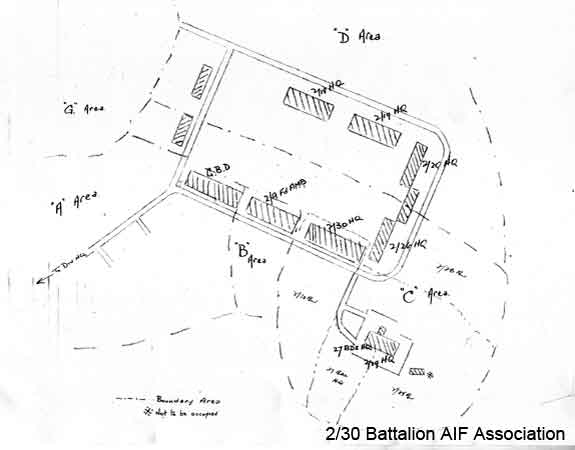 Selarang Barracks
Map showing which Units occupied the buildings at Selarang Barracks during their time as Prisoners of War.

Main square, clockwise from top middle:

1) 2/18 Battalion
2) 2/19 Battalion
3) 2/20 Battalion
4)
5) 2/26 Battalion
6) 2/30 Battalion
7) 2/9 Field Ambulance
8) GBD

Bottom right:
1) 27 Brigade HQ and 2/29 Battalion
