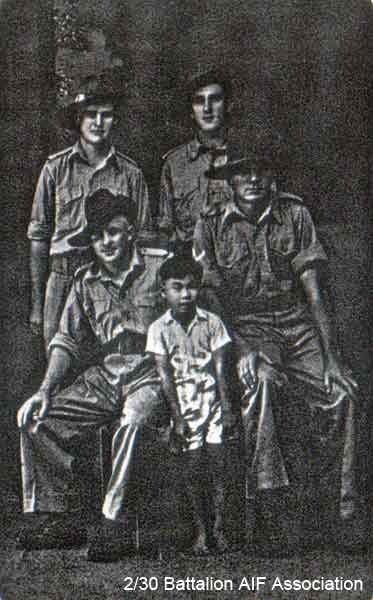 Batu Pahat, Malaya
Left to right:

Front row (seated):
1) NX47304 - WELCH, Leslie Myrven (Les), Pte. - HQ Company, Signals Platoon
2) Unknown
3) NX25715 - MASSEY, Thomas Fox (Hank), L/Cpl. - HQ Company, Signals Platoon 

Rear row (standing):
1) NX31528 - JOHNSON, Allan Alfred (Ack Ack), Pte. - HQ Company, Signals Platoon
2) Unknown
Keywords: 070415