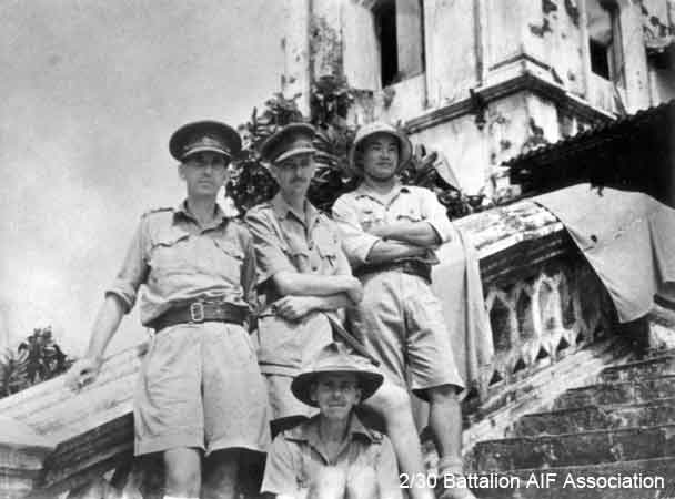 X1 Tunneling Party, Johore
Officers and Japanese guards attached to X1 Tunneling Party in Johore in 1945.

Left to right (standing):

1)
2) NX34792 - DUFFY, Desmond Jack (Mum or Des), Capt. - O/C B Company
3)

Seated:
1) 
Keywords: 070506
