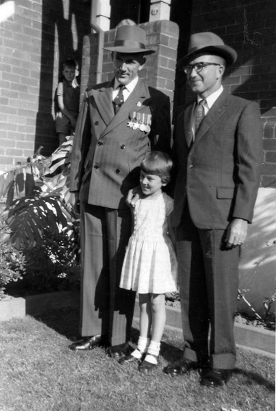 Anzac Day, 1961
Heck Campbell on Anzac Day, 1961 with his daughter, Anne-Maree, and Army mate, George McQueen.

Left to right:
1) NX50128 - CAMPBELL, Robert Gordon (Heck), Pte. - A Company, 8 Platoon
2) Anne-Maree CAMPBELL
3) George McQUEEN
Keywords: 080527a AnzacDay1961