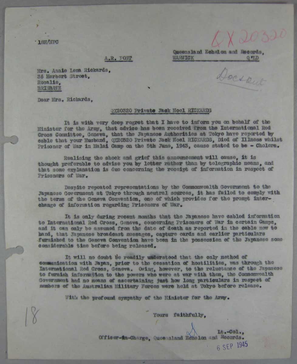 Letter No.1 - 6/9/1945
Letter to Mrs. A.L. Rickards, regarding the death of her husband, QX20320 - Pte. Jack Noel RICKARDS - D Company. 
Keywords: 081222a