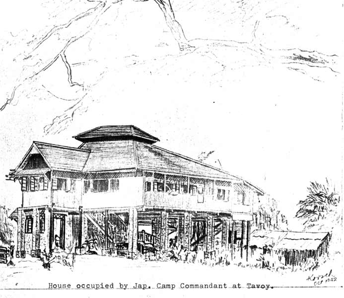 Tavoy, Burma
House occupied by Japanese Commandant at Tavoy.

Sketch by NX46619 - Cpl. John Donald KORSCH - C Company, 14 Platoon.
Keywords: 090215b