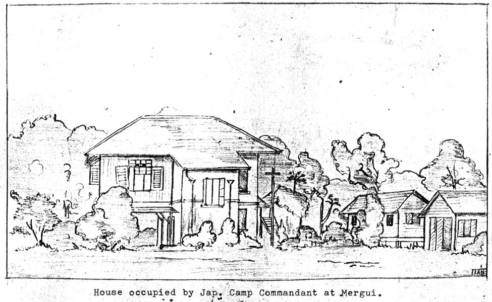 Mergui, Burma
House occupied by Japanese Camp Commandant at Mergui.

Sketch by NX46619 - Cpl. John Donald KORSCH - C Company, 14 Platoon.
Keywords: 090215b