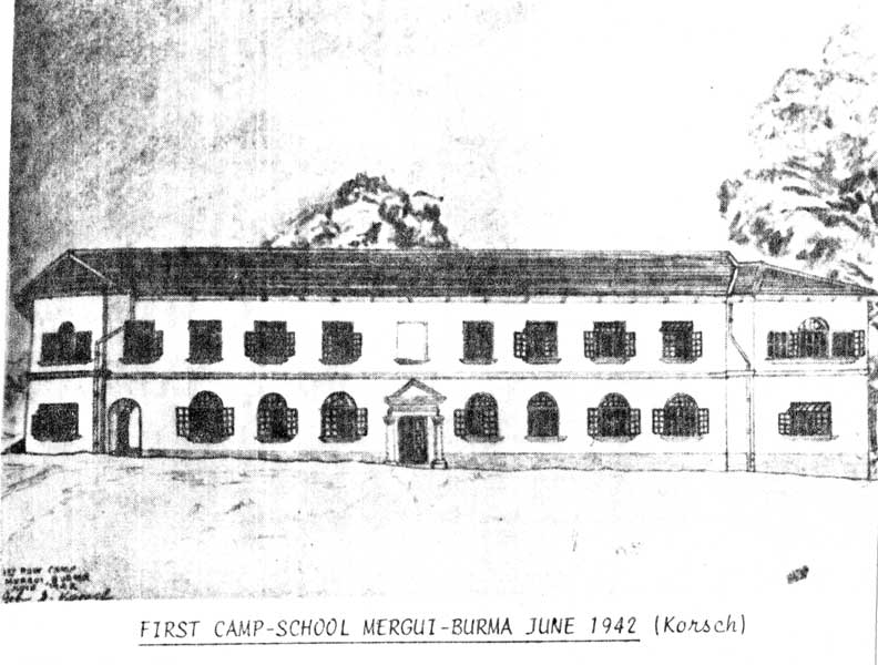 Mergui, Burma
First POW Camp in Burma was in the school at Mergui.

Sketch by NX46619 - Cpl. John Donald KORSCH - C Company, 14 Platoon.
Keywords: 090215b