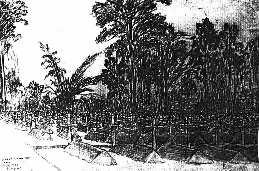 Cemetery, Burma
?5 Kilo Cemetery in Burma

Sketch by NX46619 - Cpl. John Donald KORSCH - C Company, 14 Platoon.
Keywords: 090215b