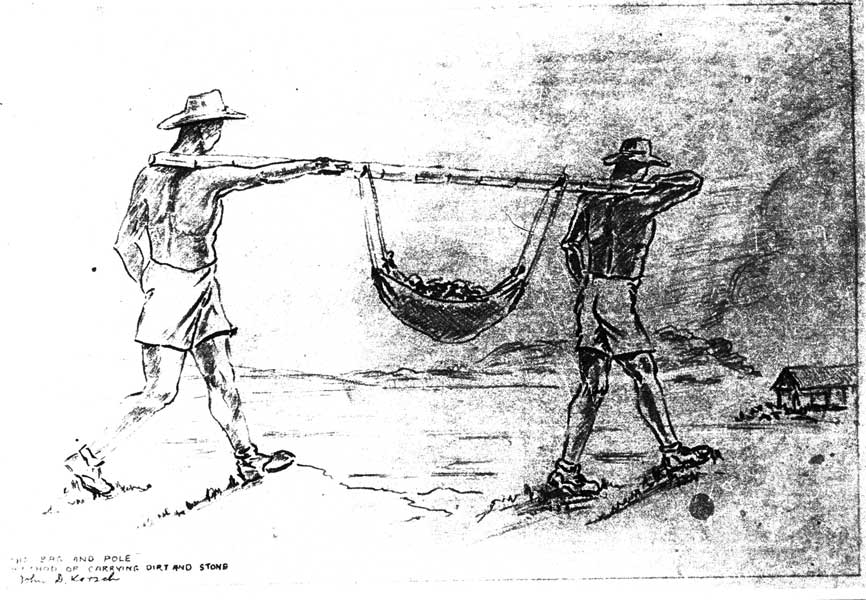"A" Force Work Party
The bag and pole method of carrying dirt and stone.

Sketch by NX46619 - Cpl. John Donald KORSCH - C Company, 14 Platoon.
Keywords: 090215b