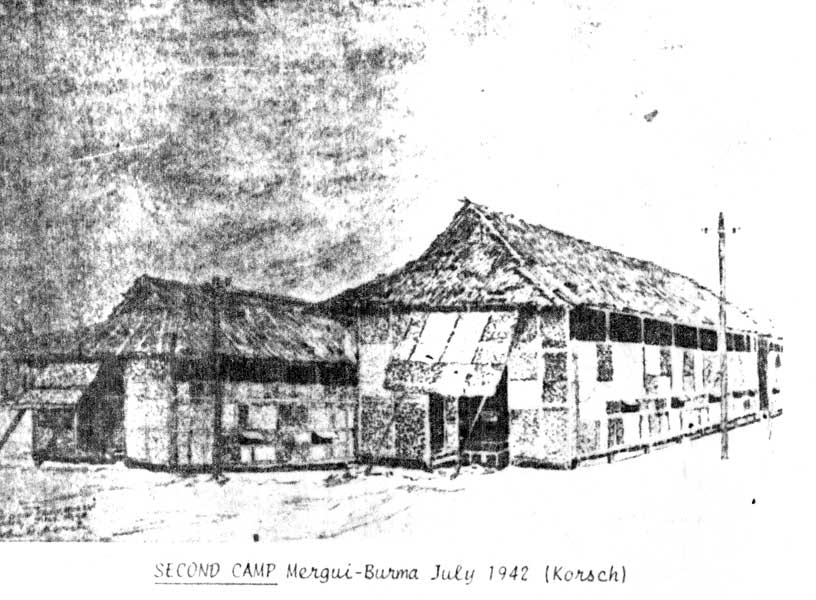 Mergui, Burma
The second camp at Mergui, Burma in July, 1942.

Sketch by NX46619 - Cpl. John Donald KORSCH - C Company, 14 Platoon.
Keywords: 090215b