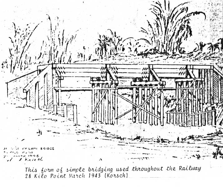 Railway Bridge, Burma
Railway bridge at the 28 kilo point on the Thai-Burma Railway, in March 1943. This form of simple bridging was used throughout the railway.

Sketch by NX46619 - Cpl. John Donald KORSCH - C Company, 14 Platoon.
Keywords: 090215b