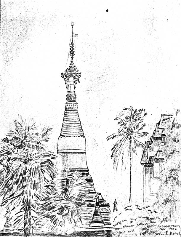 Tavoy, Burma
A pagoda near Tavoy, in November, 1942.

Sketch by NX46619 - Cpl. John Donald KORSCH - C Company, 14 Platoon.
Keywords: 090215b