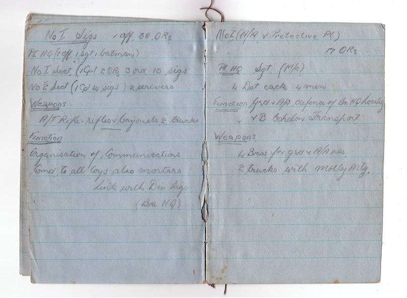 Notebook 6
Pages from small notebook kept by Don Maciver during his time in the Army. On these pages are a list of the members, functions and weapons of Signals, Anti Aircraft and Protective Platoons.
Keywords: 100214c NX32306