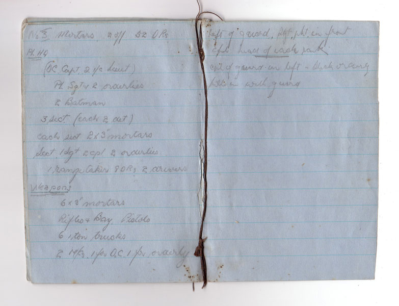 Notebook 7
Pages from small notebook kept by Don Maciver during his time in the Army. On these pages are a list of the members, functions and weapons of Mortar Platoon.
Keywords: 100214c NX32306