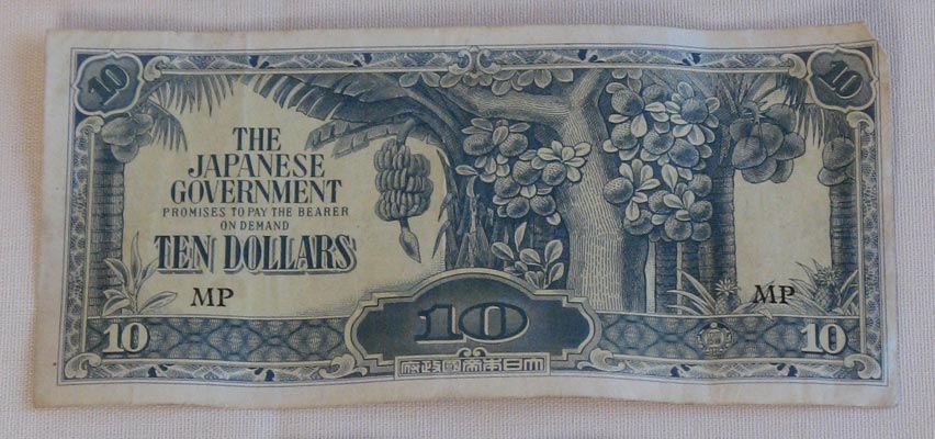 Japanese money
Ten dollar note used during the Japanese occupation of Singapore, Malaysia, and South East Asia.
Keywords: 100214c NX32306
