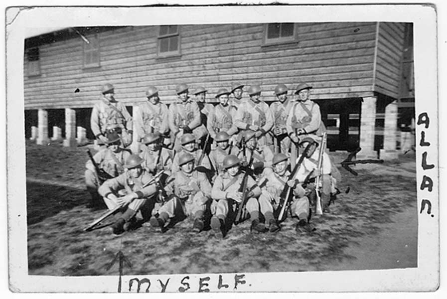 B Company, 10 Platoon
This photo appears to have been taken outside one of the barracks at Bathurst Army Camp.

Left to right:

Back row:
1)
2)
3)
4)
5)
6)
7)
8)
9)

Middle row:
1)
2)
3)
4)
5)
6) ? - ?, Allan

Front row:
1) NX2174 - HALL, Walter Edward (Legs), Pte. - B Company, 10 Platoon
2)
3)
4)
Keywords: 20101027a