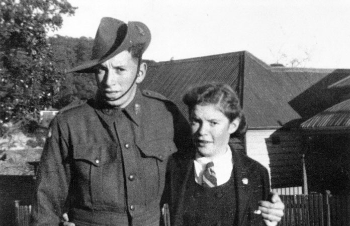 "Legs" Hall and his sister?
Left to right:

1) NX2174 - HALL, Walter Edward (Legs), Pte. - B Company, 10 Platoon 
2) Unknown
Keywords: 20101027a