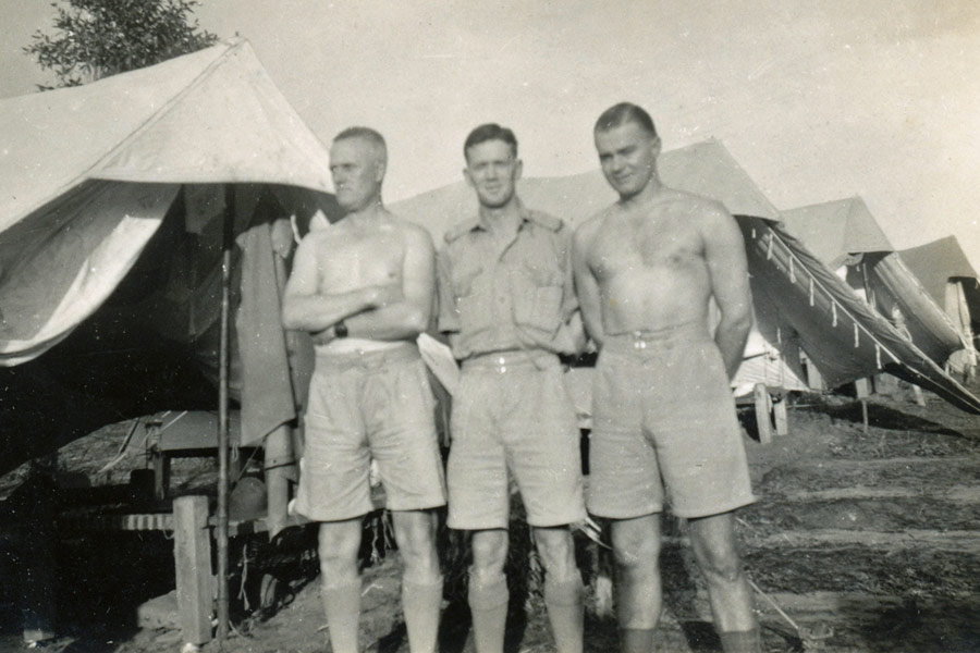 In camp in Malaya
In camp in Malaya.  Annotated on reverse: Norm Heydon, Dill Harvey and “Ten ton".

1) NX30032 - HEYDON, Norman Charles (Norm), Pte. - 2/18 Battalion
2) NX14058 - HARVEY, William Henry (Bill), Pte. - 2/18 Battalion
3) NX30114 - Pte. William Hartridge (Bill) SKENE - C Company, 14 Platoon
Keywords: 20120722 NX30114