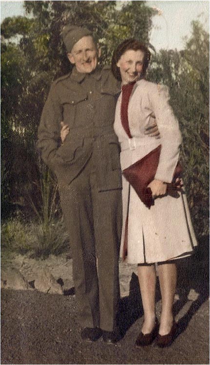 James Parsons and wife Jane
James reunited with his wife Jane after 3.5 yrs as a POW. Photo taken in Katoomba, NSW.

1) NX27147 - PARSONS, James Charles (Jim), A/Cpl. - BHQ, RAP
2) Mrs. Jane PARSONS
Keywords: 20120728a